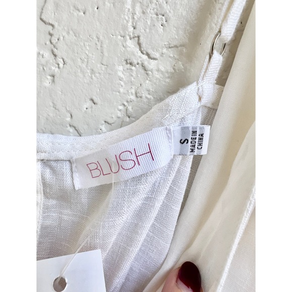 NWT Sky Blush Sleeveless Linen Smocked Ruffle V Neck Mini Dress White Size Small - Picture 5 of 7